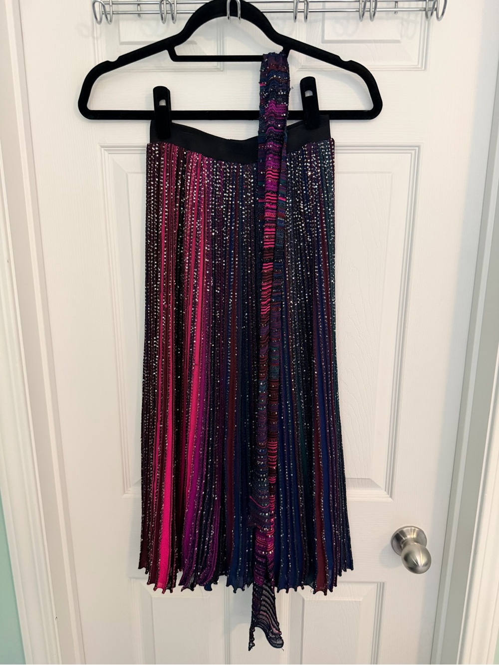 Missoni Pleated Metallic-Striped Midi Skirt in Pink & Navy